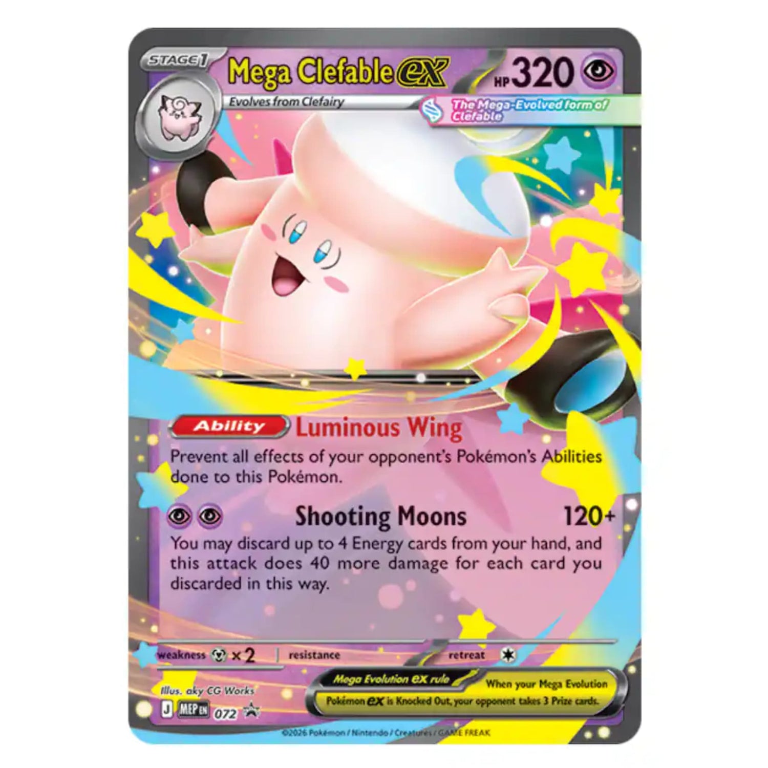 Sealed Pokémon Mega Moonlit Tin with Mega Clefable ex foil promo visible in window