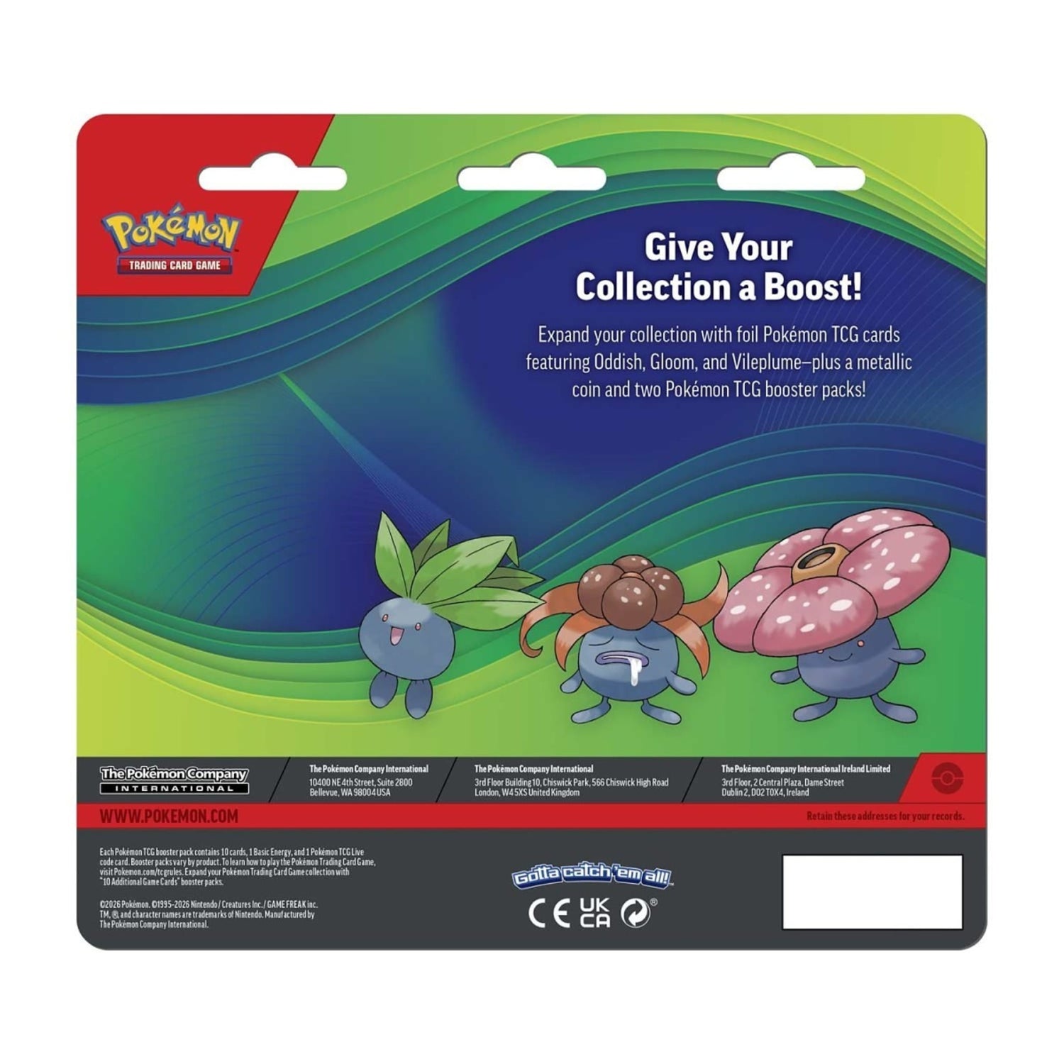 Sealed Pokémon TCG blister showing foil Oddish, Gloom and Vileplume cards, a metallic coin and two booster packs