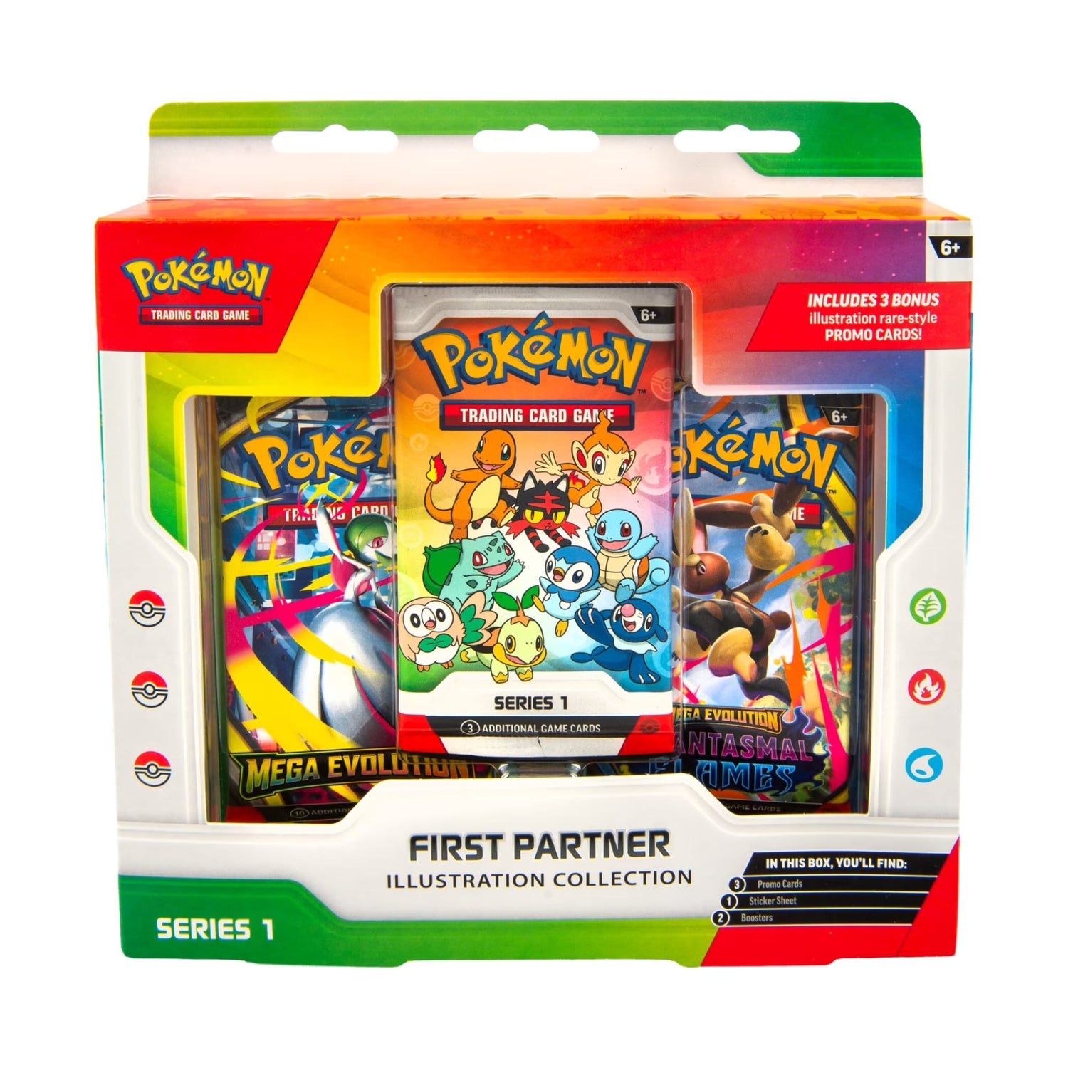 Sealed Pokémon TCG First Partner Illustration Collection Series 1 box showing promo cards and booster packs