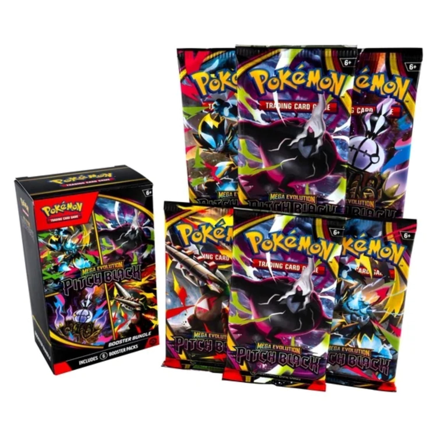 Sealed Pokémon TCG Mega Evolution—Pitch Black Booster Bundle box and six booster packs featuring Mega Darkrai ex and Mega Zeraora ex