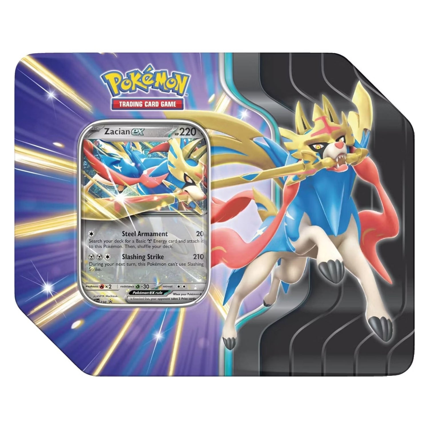 Slashing Legends tin artwork showing Zacian ex foil promo card