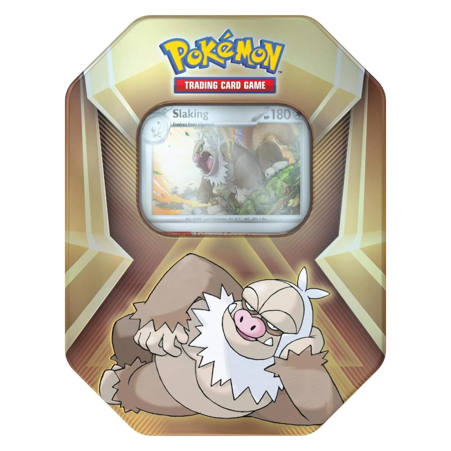 Sealed Pokémon Triple Whammy Tin showing Slaking foil card visible through tin window