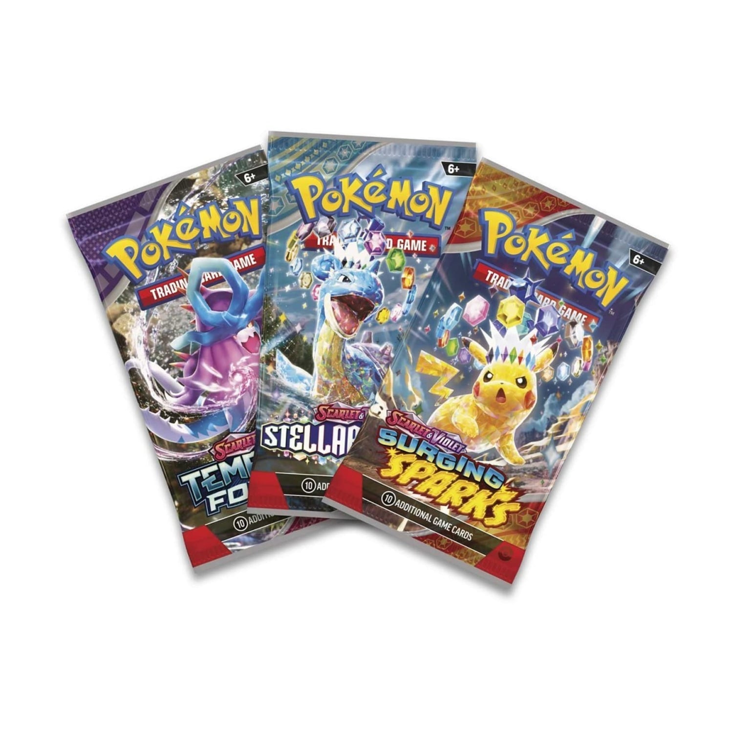 Sealed Pokémon TCG stacking tin featuring Pokémon artwork; includes three booster packs and two sticker sheets.