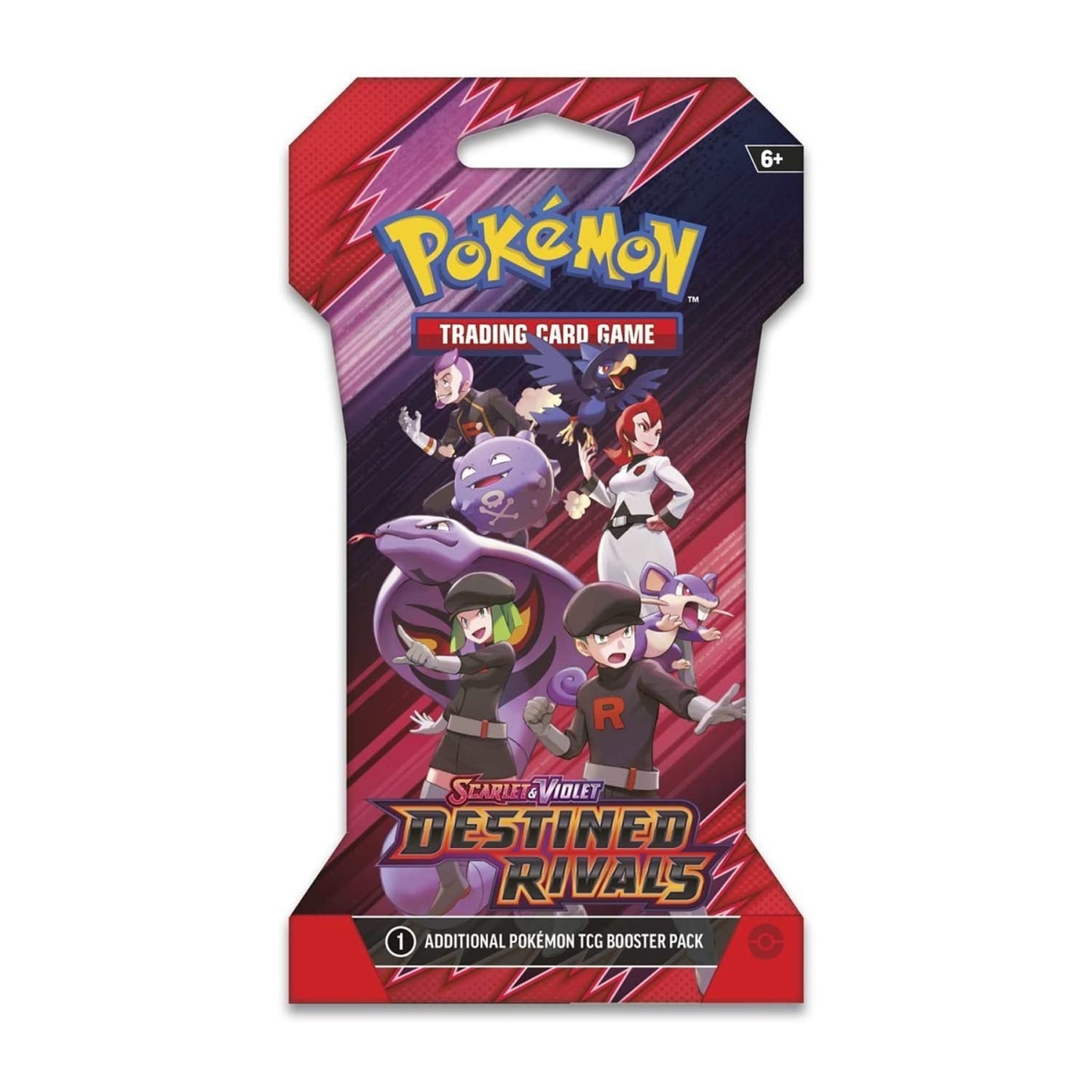 Pokémon Scarlet & Violet — Destined Rivals booster pack artwork featuring Team Rocket and other characters; single sleeved booster pack with random art.
