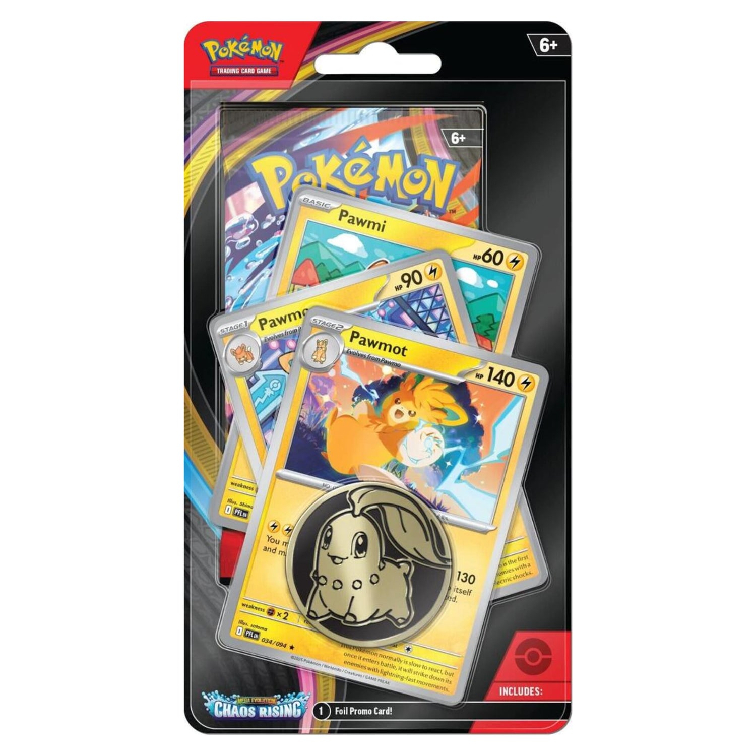 Pokémon Chaos Rising premium checklane blister showing Pawmot-line foil promo cards and a collector coin