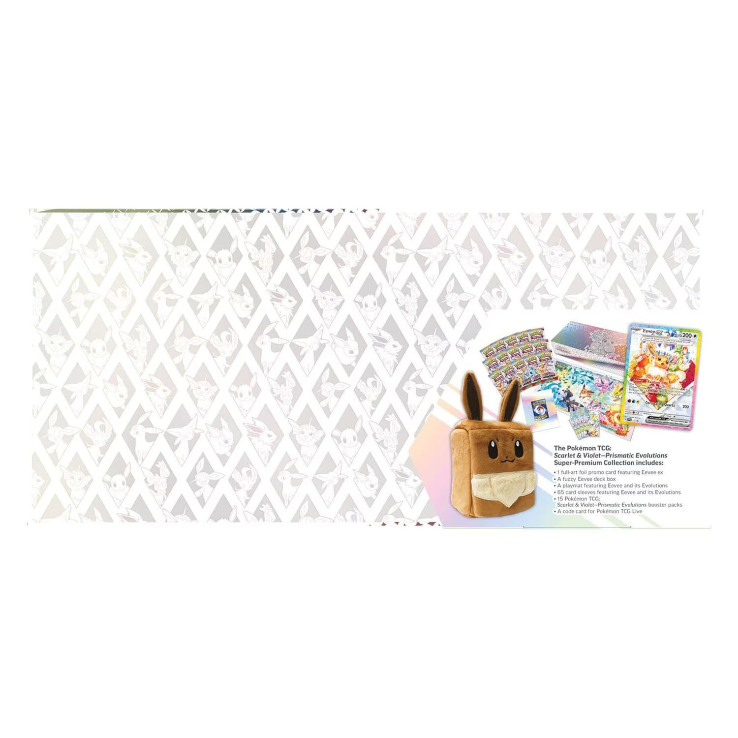 Sealed Pokémon TCG Scarlet & Violet Prismatic Evolutions Super‑Premium Collection box and contents featuring Eevee artwork