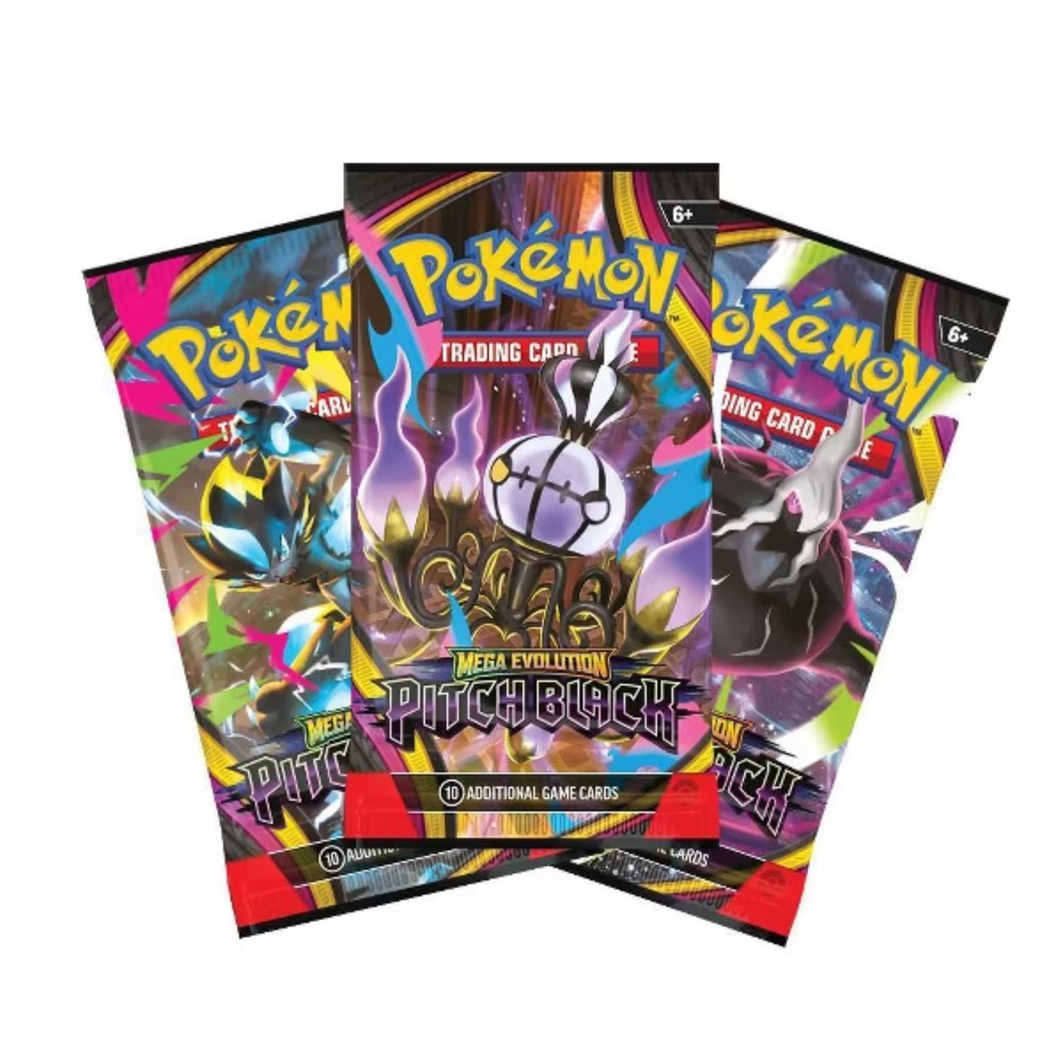Sealed Pokémon TCG Mega Evolution—Pitch Black retail blister showing three booster packs and a foil promo card (Binacle visible)