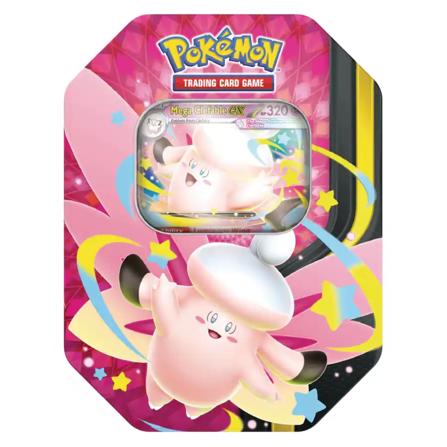 Sealed Pokémon Mega Moonlit Tin with Mega Clefable ex foil promo visible in window