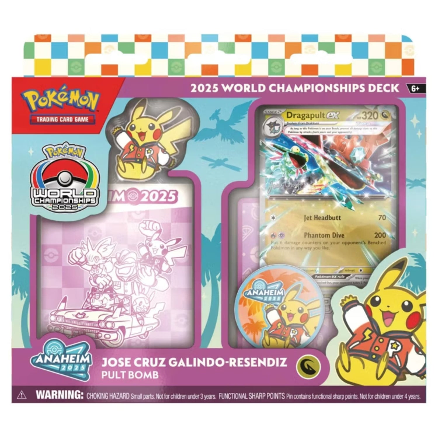 Sealed Pokémon 2025 World Championships Deck box showing Dragapult ex card, Pikachu pin, Anaheim 2025 logo and ‘Jose Cruz Galindo‑Resendiz’ name on the packaging.