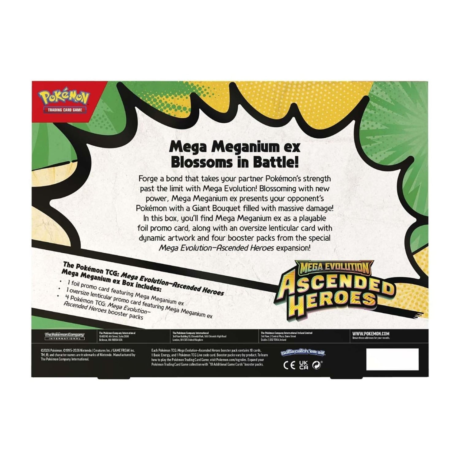 Windowed Pokémon TCG Mega Meganium ex Box showing the Mega Meganium ex foil promo, oversize lenticular card, and four Ascended Heroes booster packs