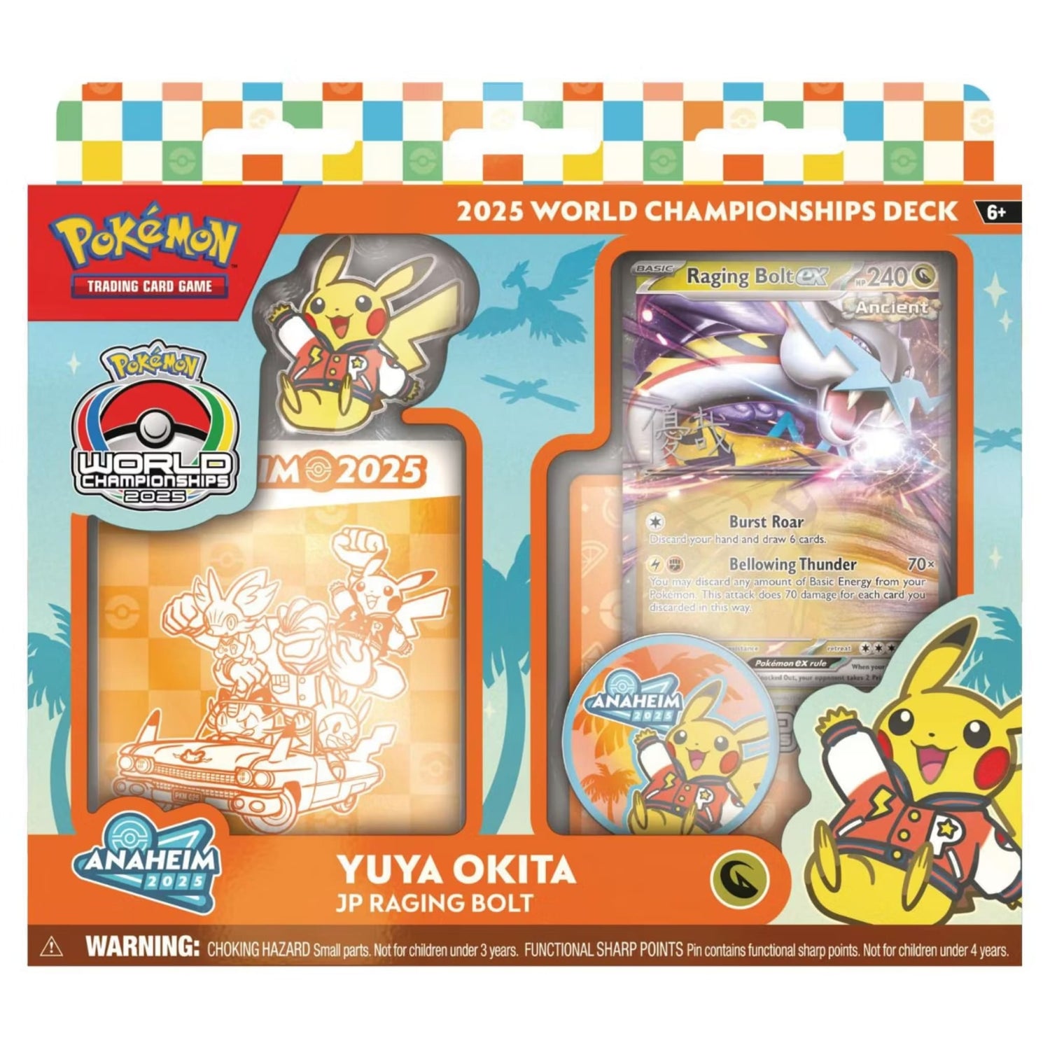 Sealed 2025 Pokémon World Championships Deck featuring Yuya Okita JP Raging Bolt, Pikachu pin, Anaheim 2025 coin and booklet visible in packaging.