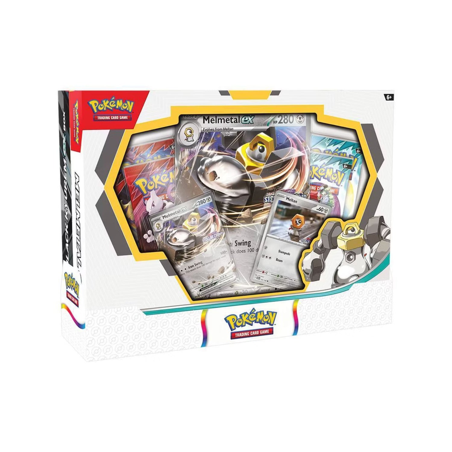 Sealed Pokémon TCG promo box showing Melmetal ex and Black Kyurem ex oversized promo cards, booster packs and a code card.