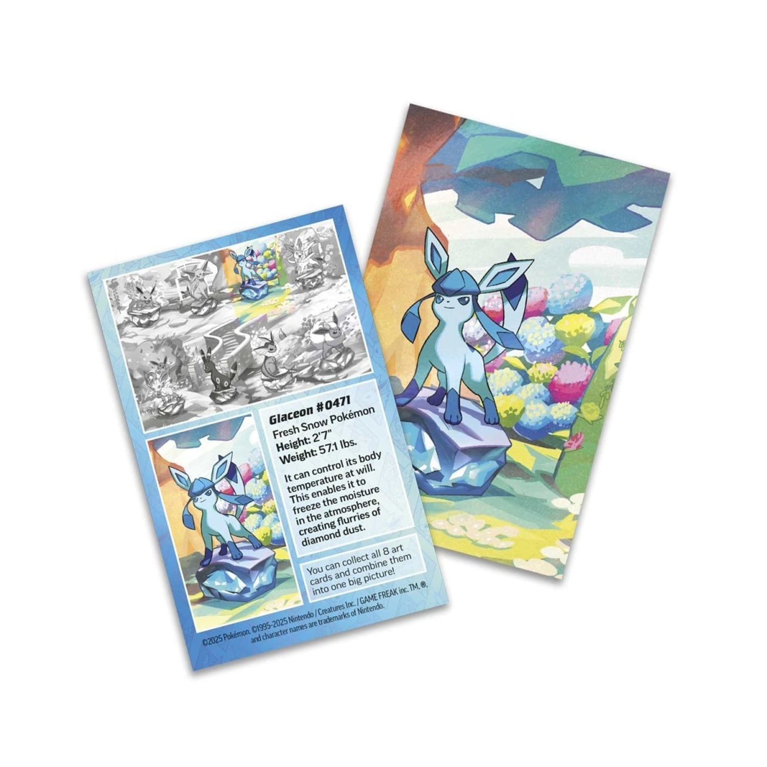 Glaceon artwork on Pokémon TCG Scarlet & Violet — Prismatic Evolutions Mini Tin with Eevee coin and two booster packs