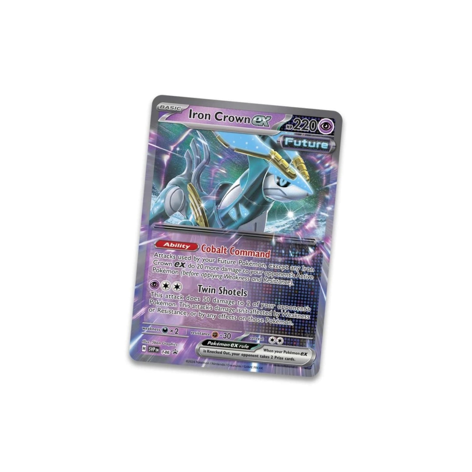 Sealed Pokémon Paradox Destinies Tin showing Iron Crown ex foil promo card, five booster packs and a Pokémon TCG Live code card