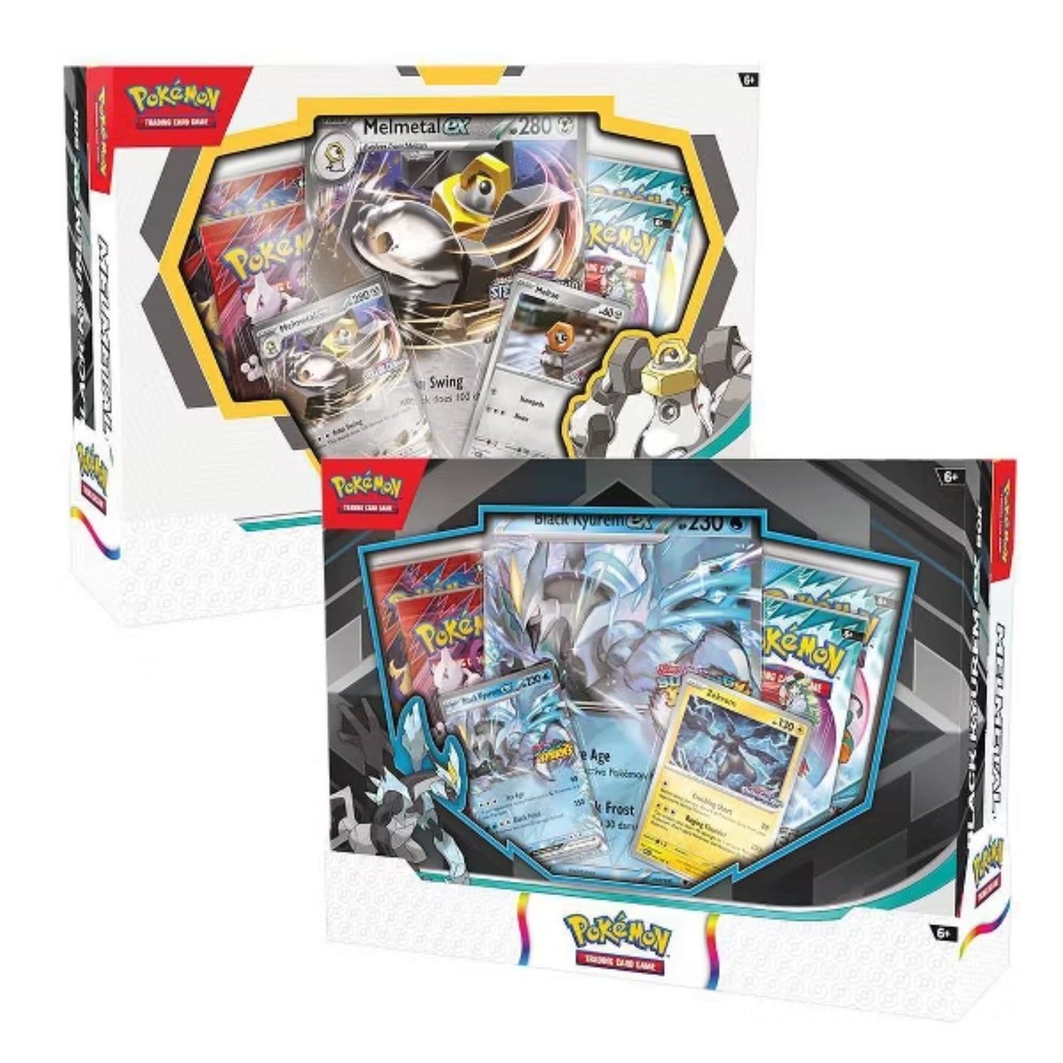 Sealed Pokémon TCG promo box showing Melmetal ex and Black Kyurem ex oversized promo cards, booster packs and a code card.
