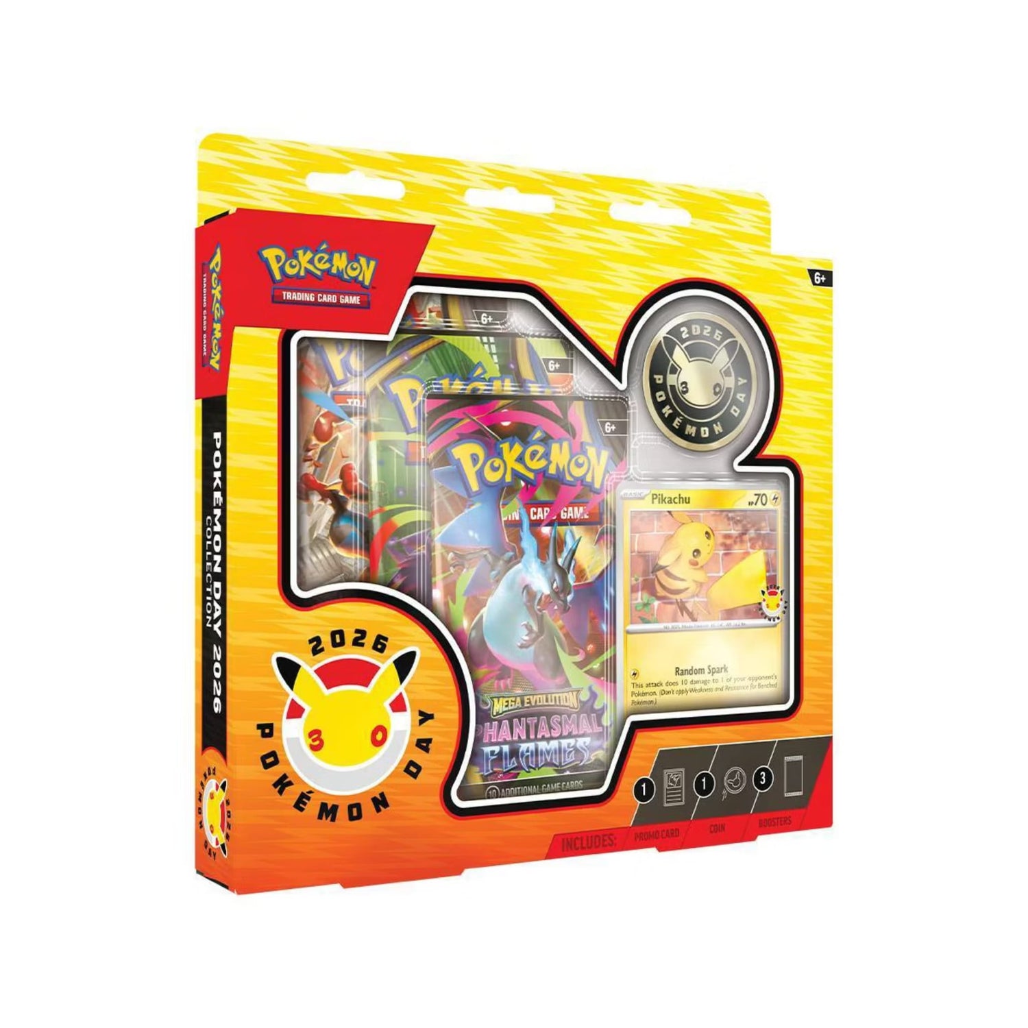 Sealed Pokémon Day 2026 collection box showing Pikachu foil promo card, 30th anniversary coin, and three booster packs.