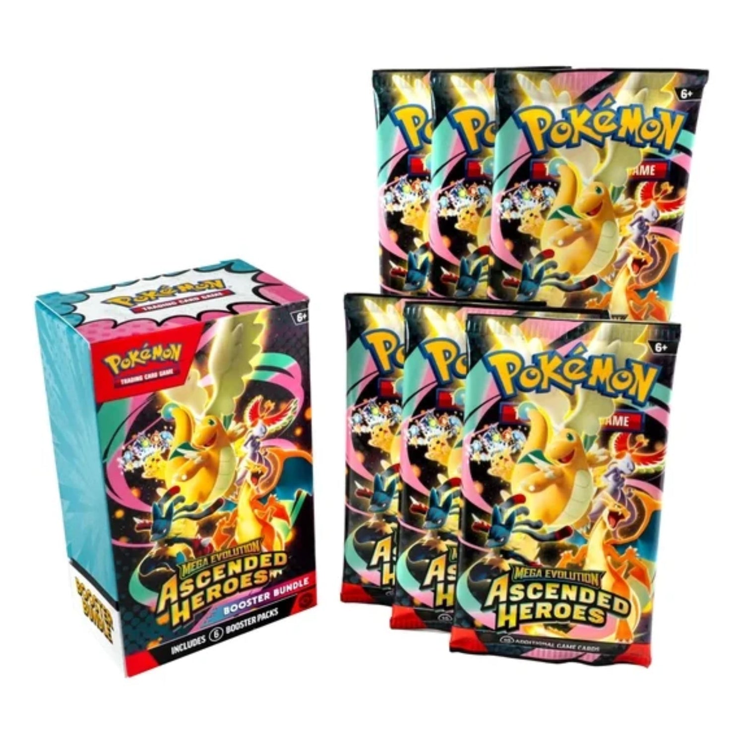 Sealed Pokémon TCG Mega Evolution—Ascended Heroes booster bundle box and six booster packs featuring Mega Dragonite ex artwork