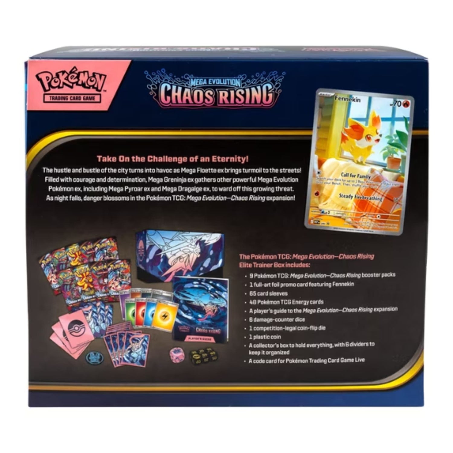 Pokémon TCG Mega Evolution Chaos Rising Elite Trainer Box and included contents (booster packs, Fennekin promo, sleeves, dice, coin, energy cards, player’s guide, collector box)