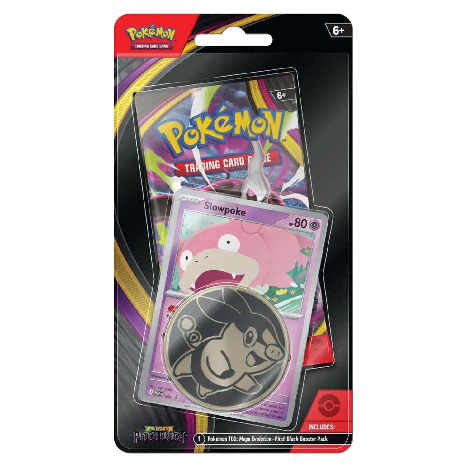 Sealed Pokémon TCG Pitch Black blister featuring a Slowpoke promotional card, themed metal coin, and a Pitch Black booster pack visible through packaging