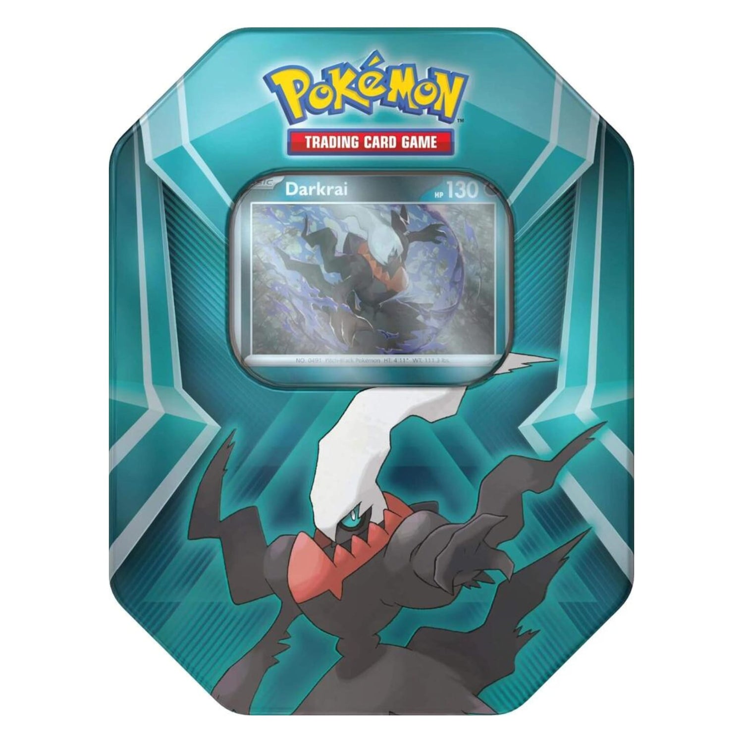 Sealed Pokémon Triple Whammy Tin featuring Darkrai foil card visible through window