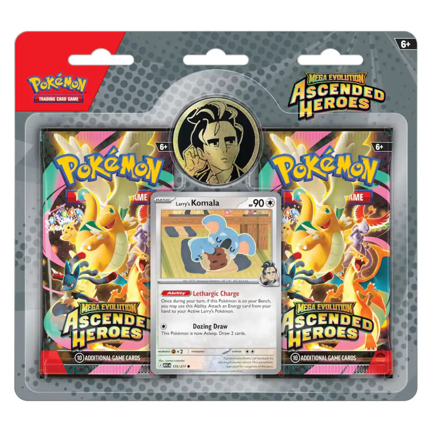 Sealed Pokémon Mega Evolution—Ascended Heroes Collection (Larry) showing foil Larry's Komala promo card, Larry coin, and two booster packs