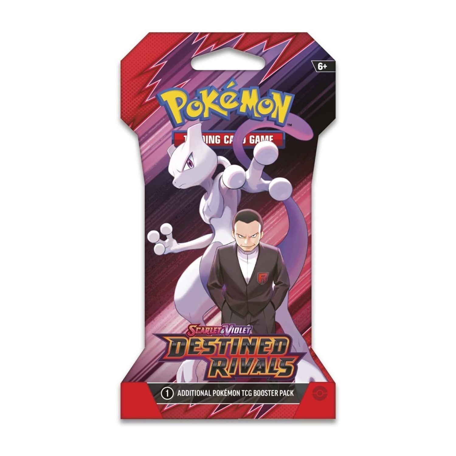 Pokémon Scarlet & Violet — Destined Rivals booster pack artwork featuring Team Rocket and other characters; single sleeved booster pack with random art.