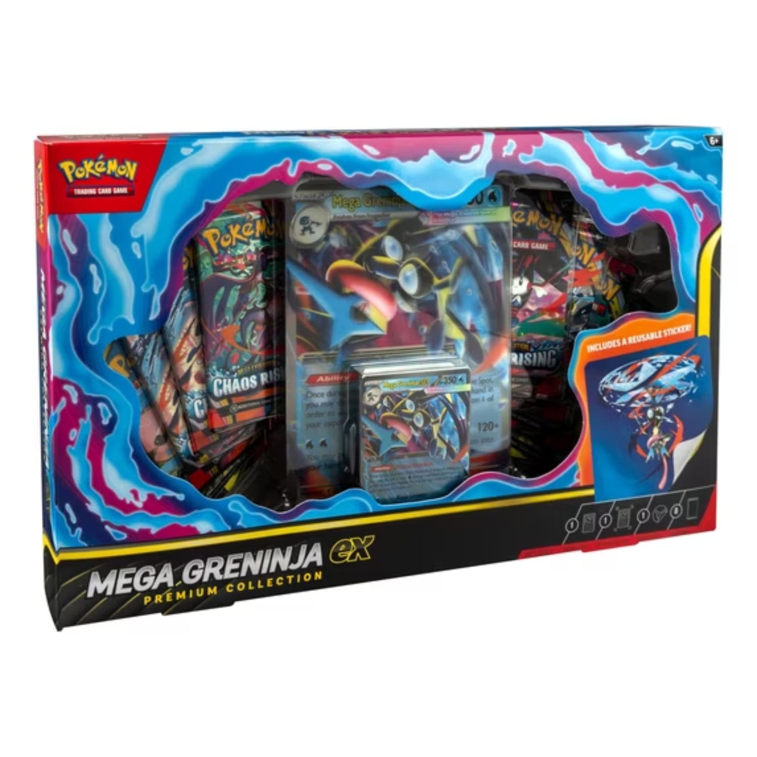 Sealed Mega Greninja ex Premium Collection box showing foil promo card, oversize lenticular card, sticker and booster packs