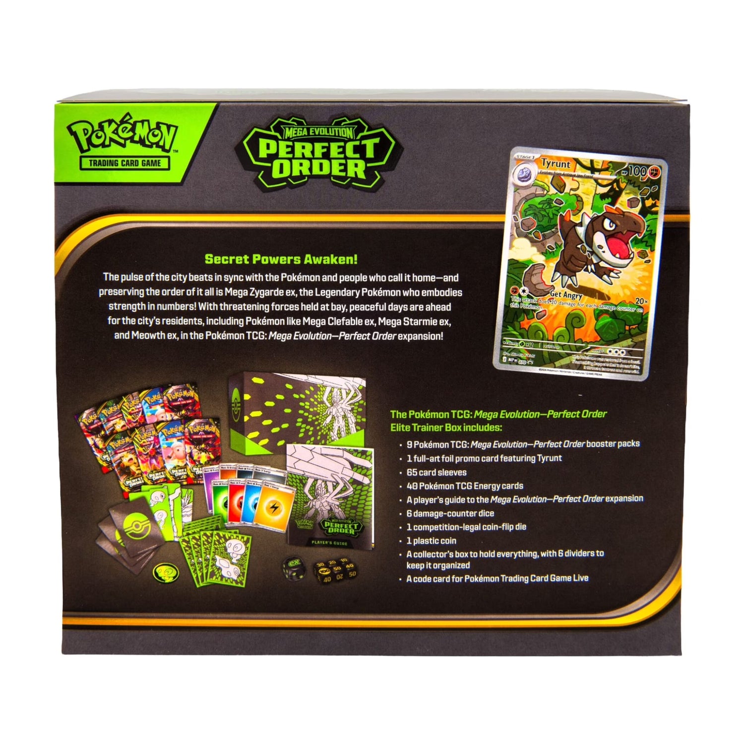 Sealed Pokémon TCG Mega Evolution—Perfect Order Elite Trainer Box and contents: booster packs, full-art Tyrunt promo, sleeves, energy cards, dice, coin and collector’s box