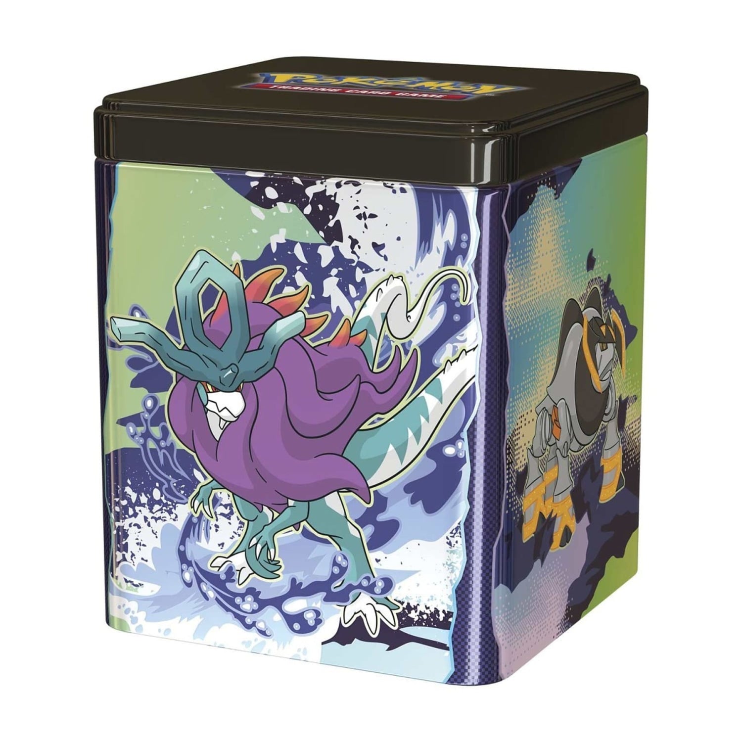 Sealed Pokémon TCG stacking tin featuring Pokémon artwork; includes three booster packs and two sticker sheets.