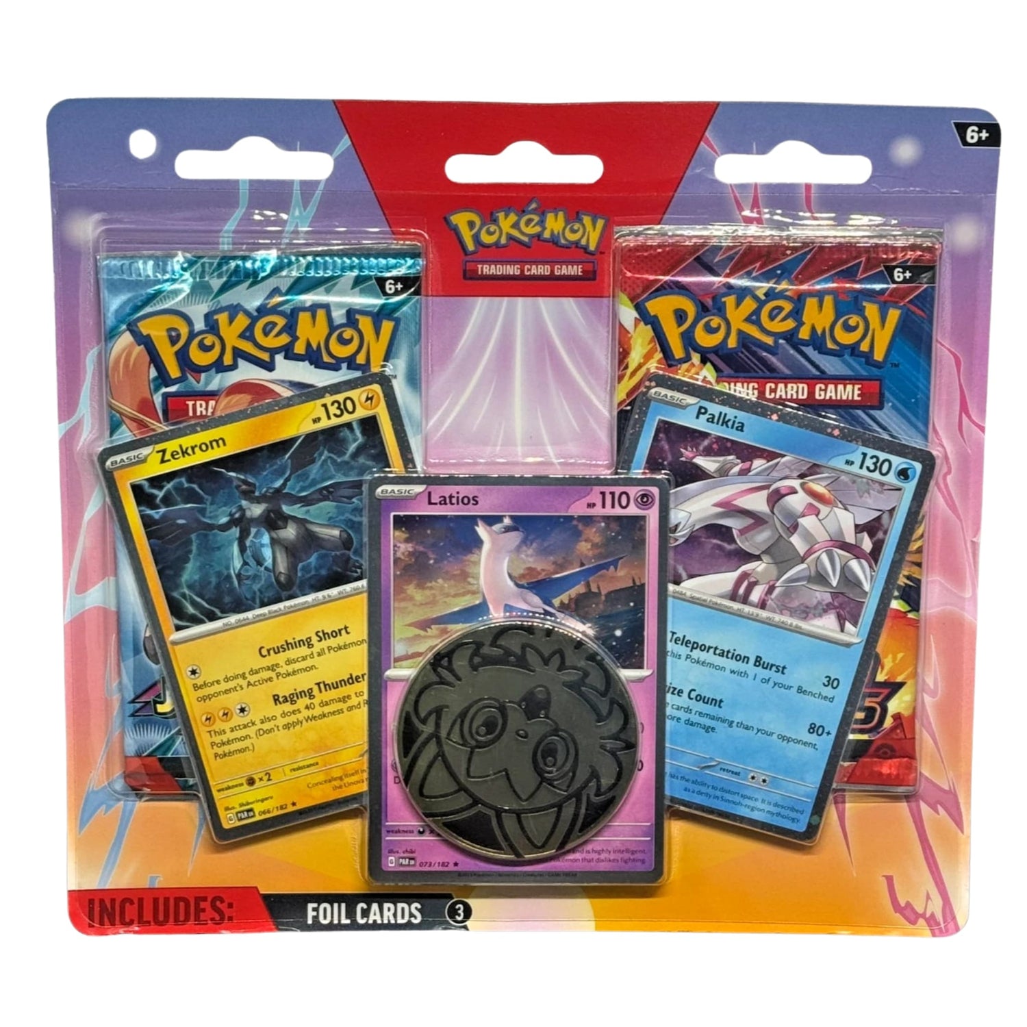 Factory-sealed Pokémon TCG blister showing foil Latios, Zekrom and Palkia cards, a metallic coin and two booster packs