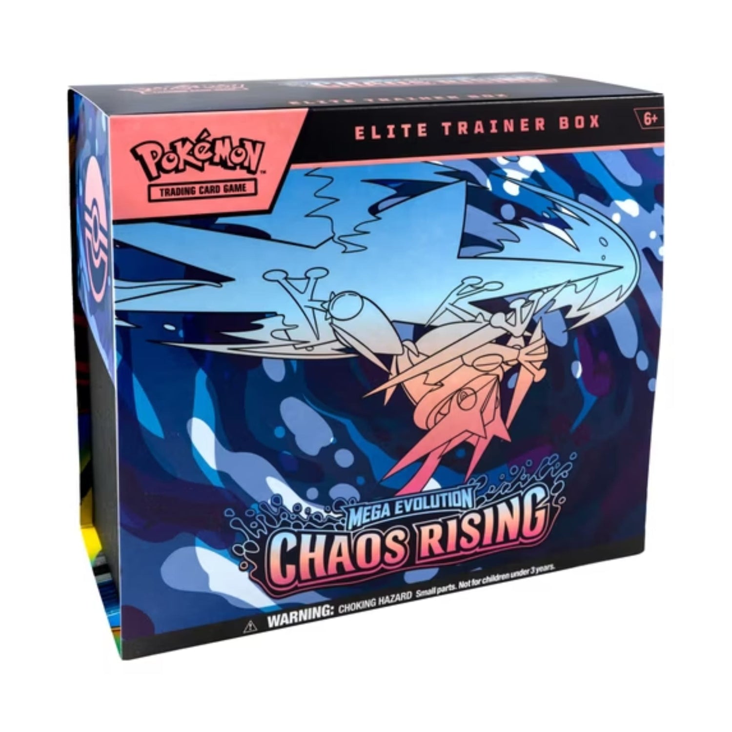 Pokémon TCG Mega Evolution Chaos Rising Elite Trainer Box and included contents (booster packs, Fennekin promo, sleeves, dice, coin, energy cards, player’s guide, collector box)