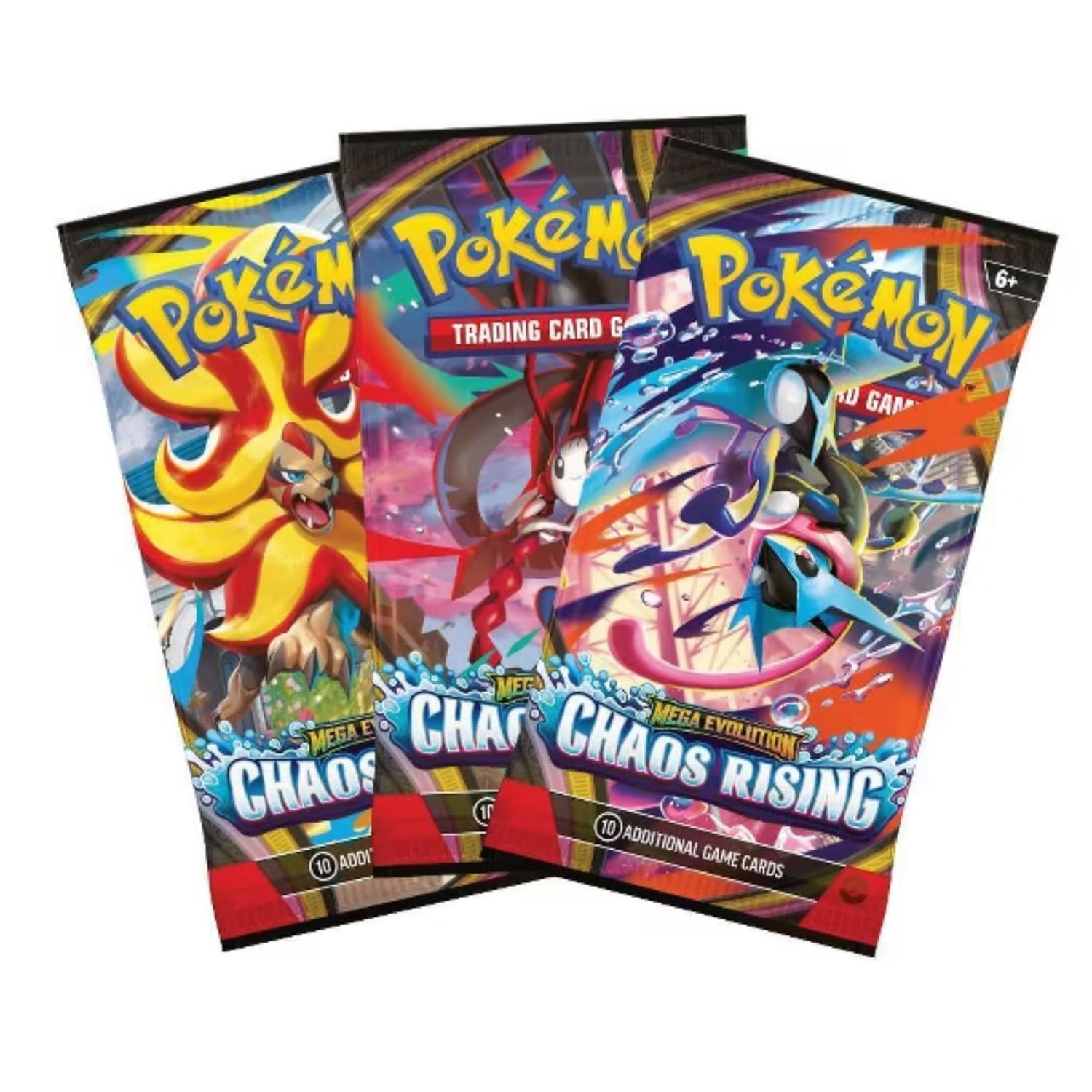 Sealed Pokémon TCG Mega Evolution—Chaos Rising three‑booster blister showing promo Charmeleon card and three booster packs