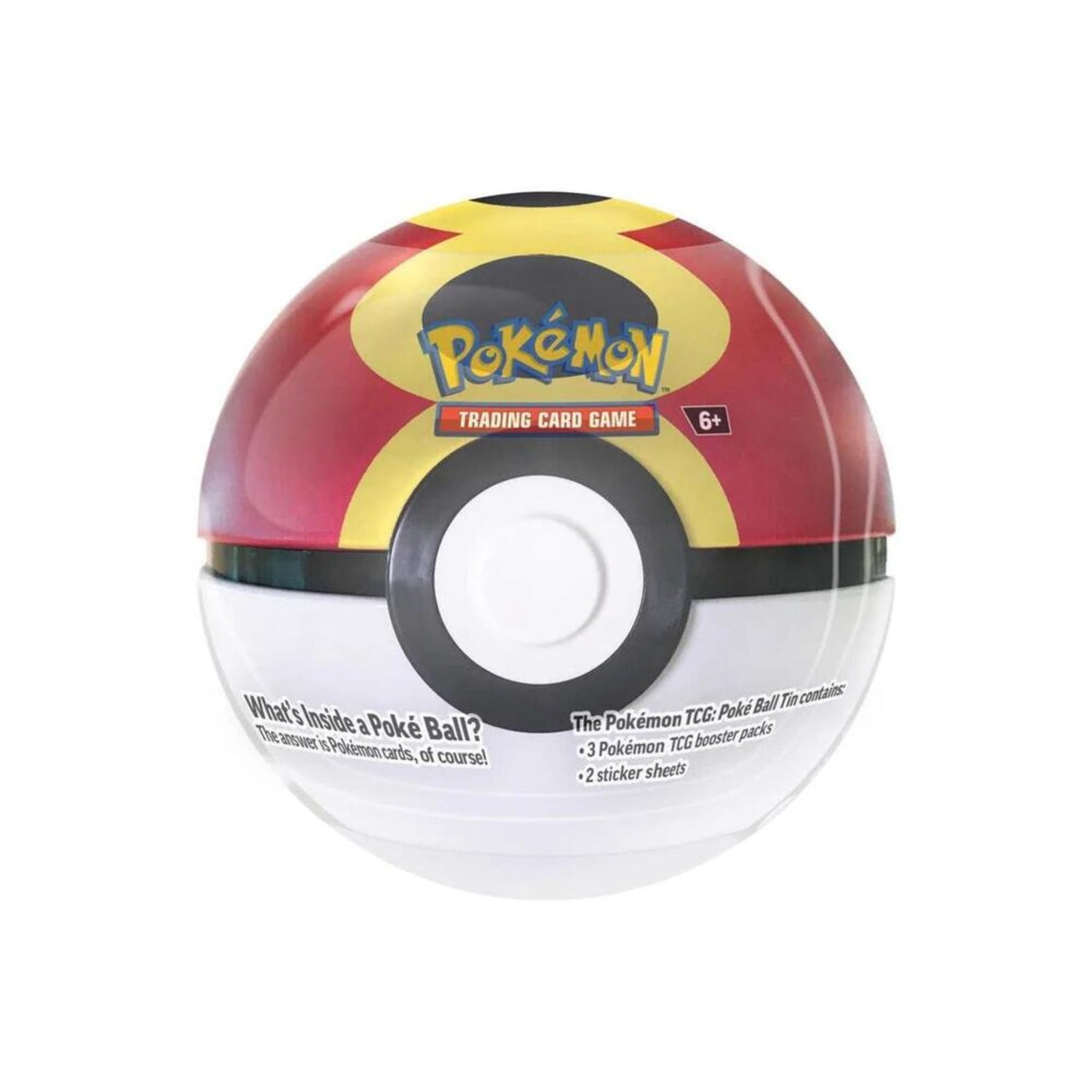 Red and white Pokémon Poké Ball tin with Pokémon logo — labelled to contain 3 booster packs and 2 sticker sheets