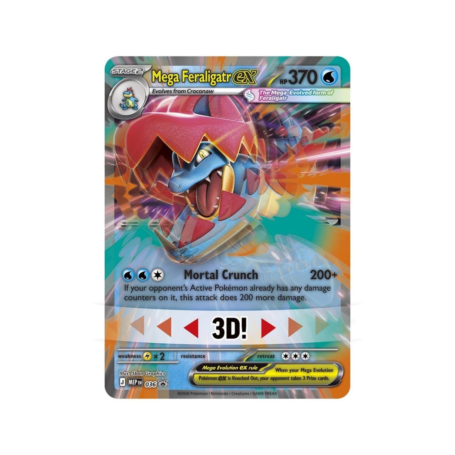 Sealed Pokémon TCG Mega Feraligatr ex Box (Mega Evolution—Ascended Heroes) showing foil promo card, oversize lenticular card and four booster packs