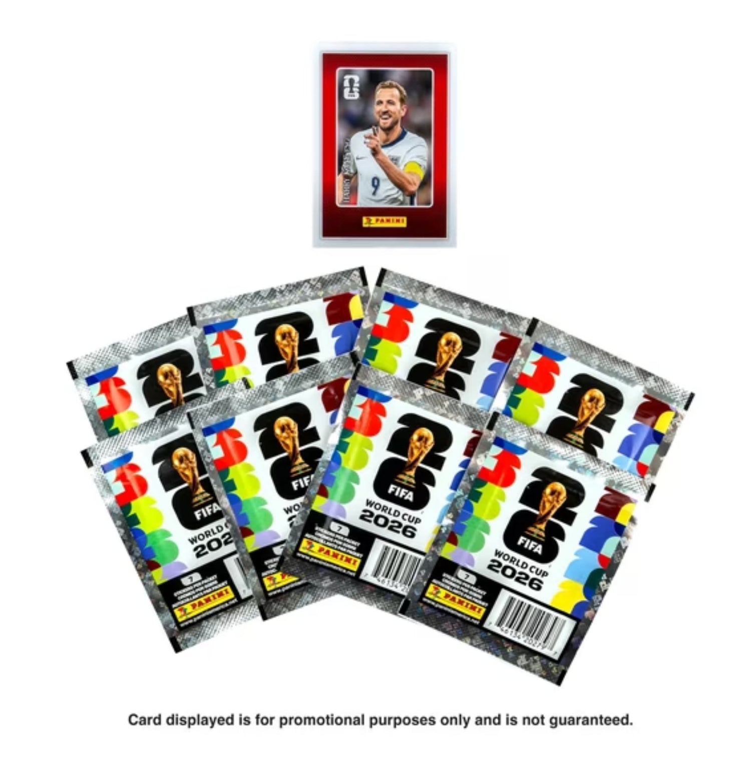 Panini FIFA World Cup 2026 sealed pack box – packaging shows 8 packets + 1 exclusive trading card and 56 stickers