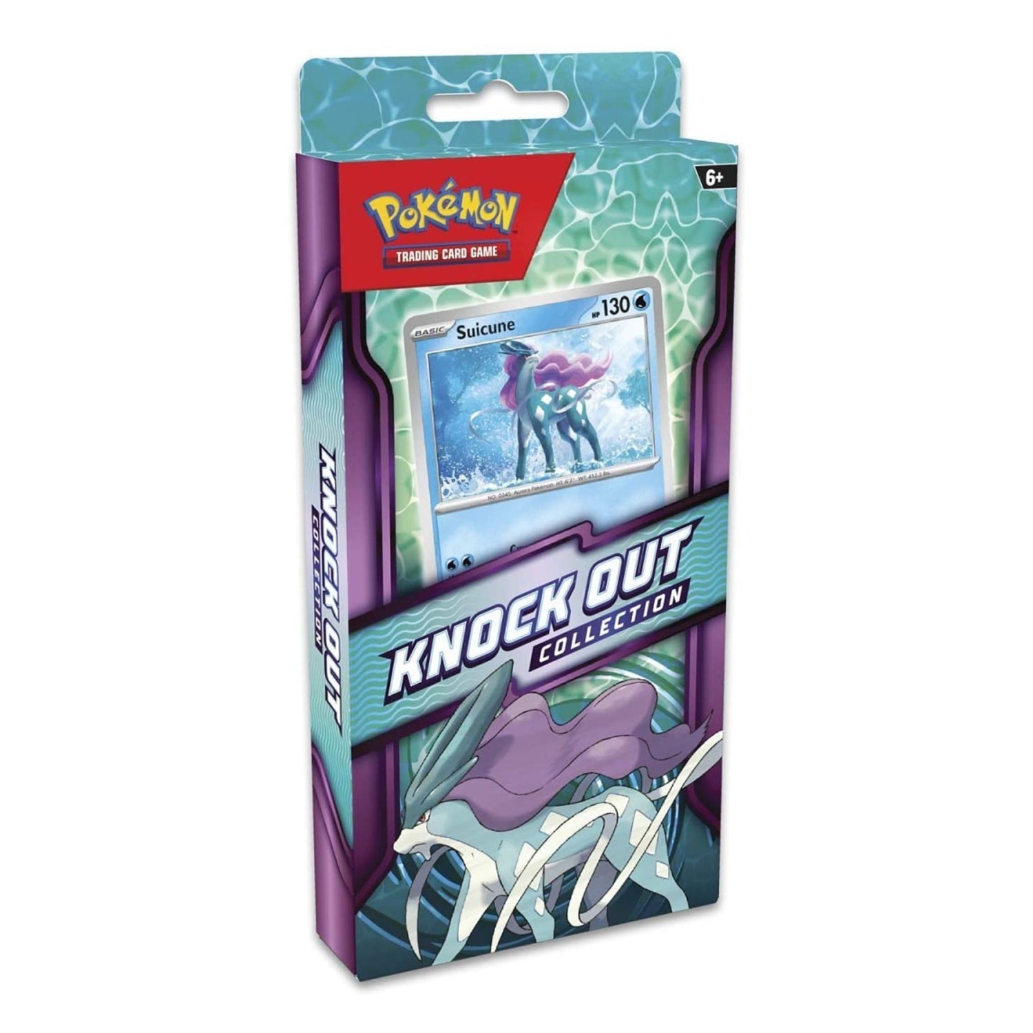 Sealed Pokémon Knock Out Collection package showing a foil Suicune card, sticker sheet and two booster packs.
