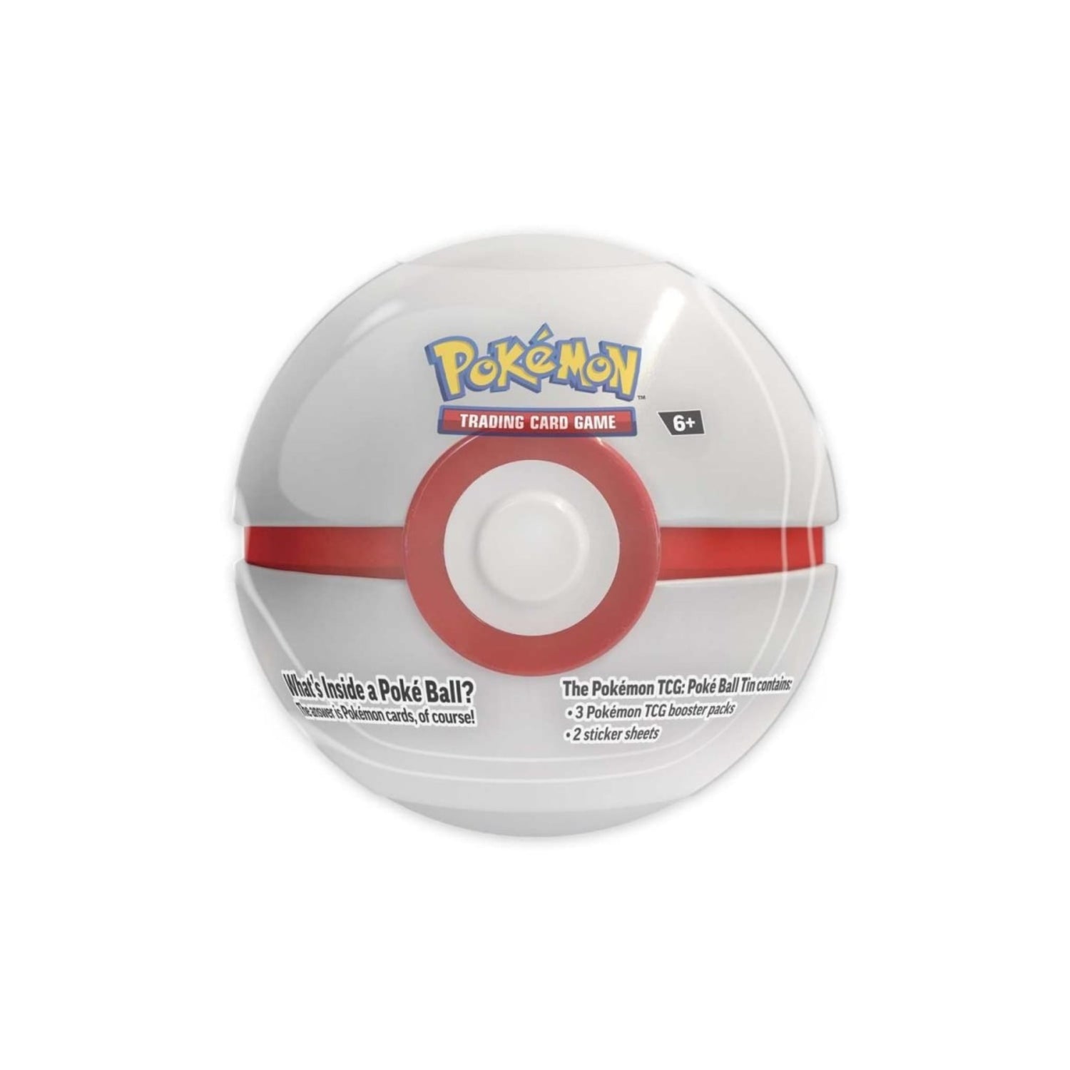 Sealed Poké Ball–shaped Pokémon TCG tin showing the product label and printed contents (3 booster packs, 2 sticker sheets).