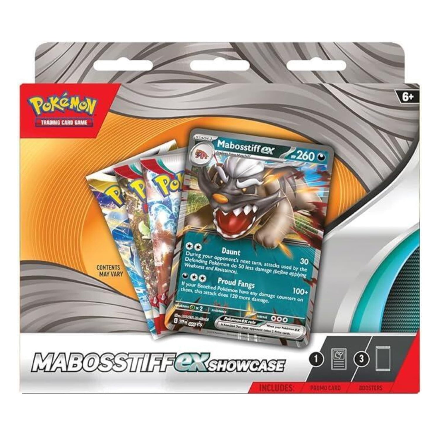 Sealed Mabosstiff ex Showcase packaging showing Mabosstiff ex promo card and three Pokémon booster packs