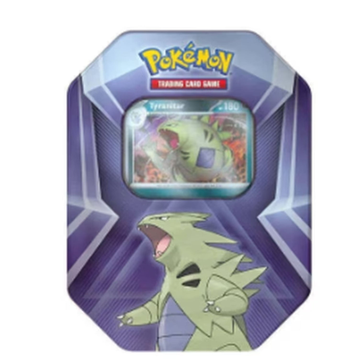 Sealed purple Pokémon Triple Whammy Tin showing a Tyranitar foil card visible through the window.