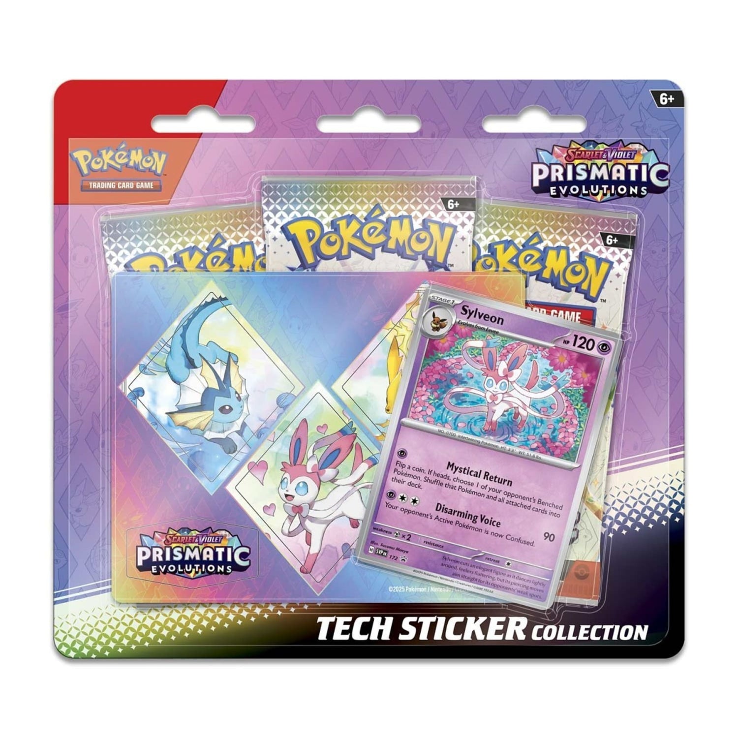 Scarlet & Violet — Prismatic Evolutions Tech Sticker Collection packaging showing Sylveon foil promo, three booster packs, tech sticker sheet, and TCG Live code card.