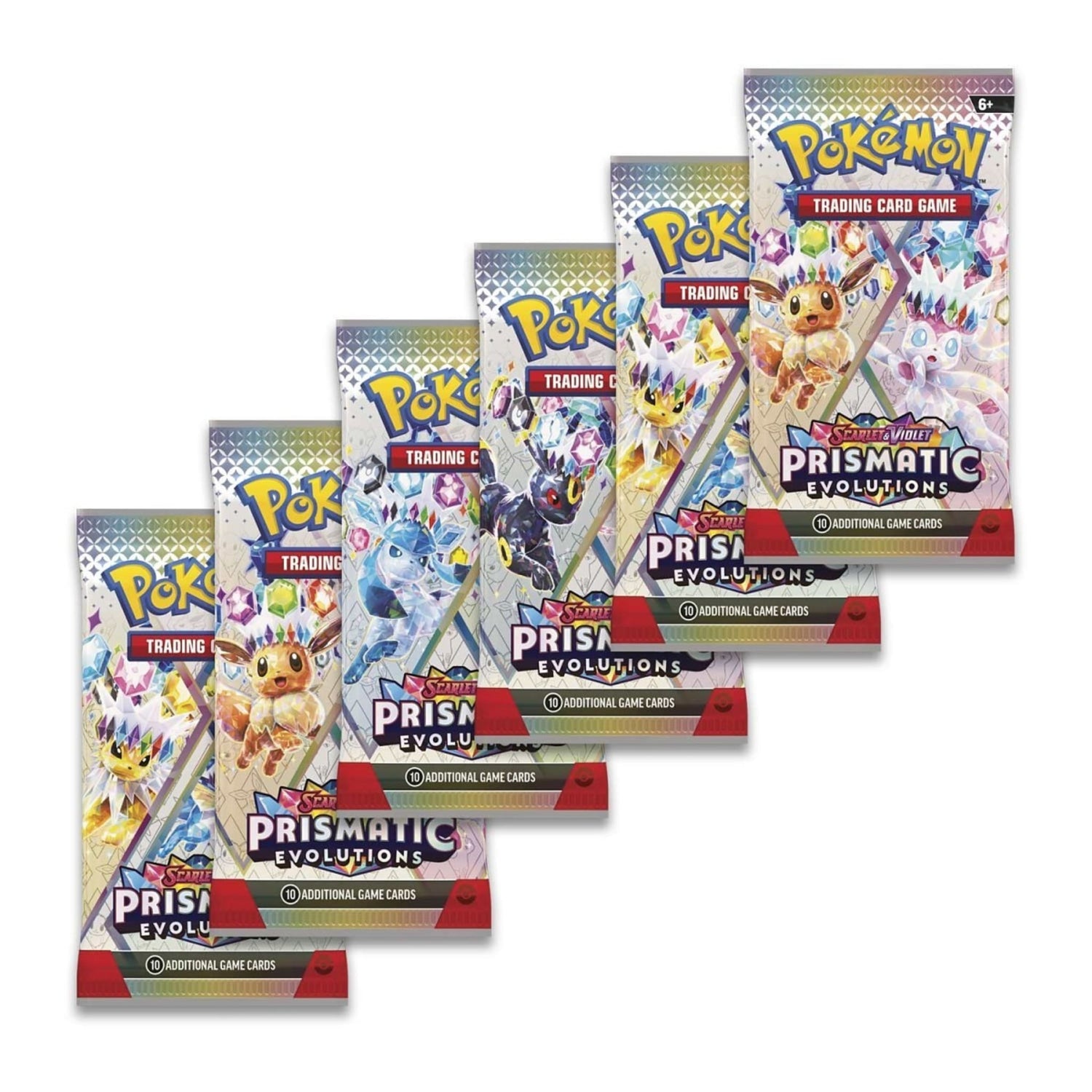 Sealed Pokémon TCG Scarlet & Violet Prismatic Evolutions booster bundle box and six booster packs showing Eevee and evolutions artwork