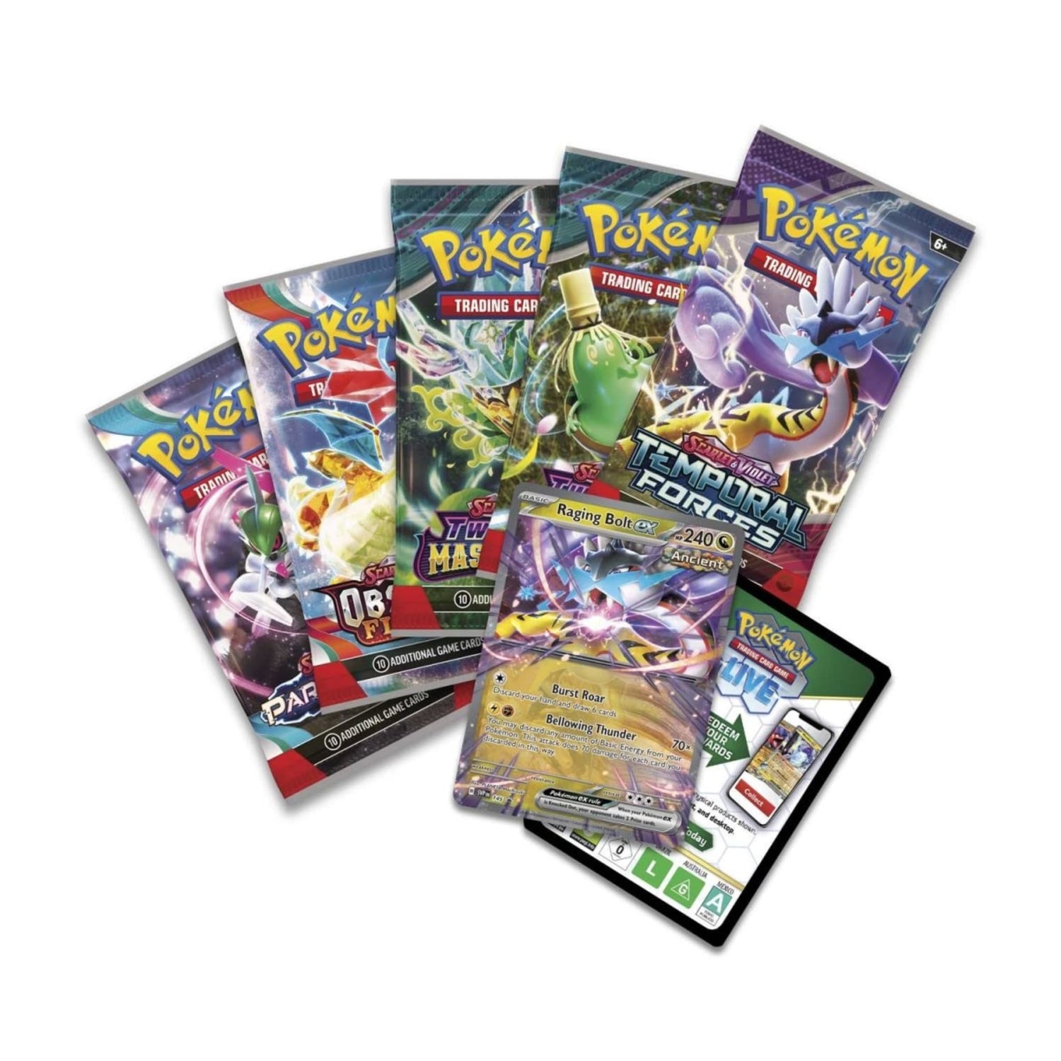 Paradox Destinies tin showing foil Raging Bolt ex promo card, five booster packs and a Pokémon TCG Live code card
