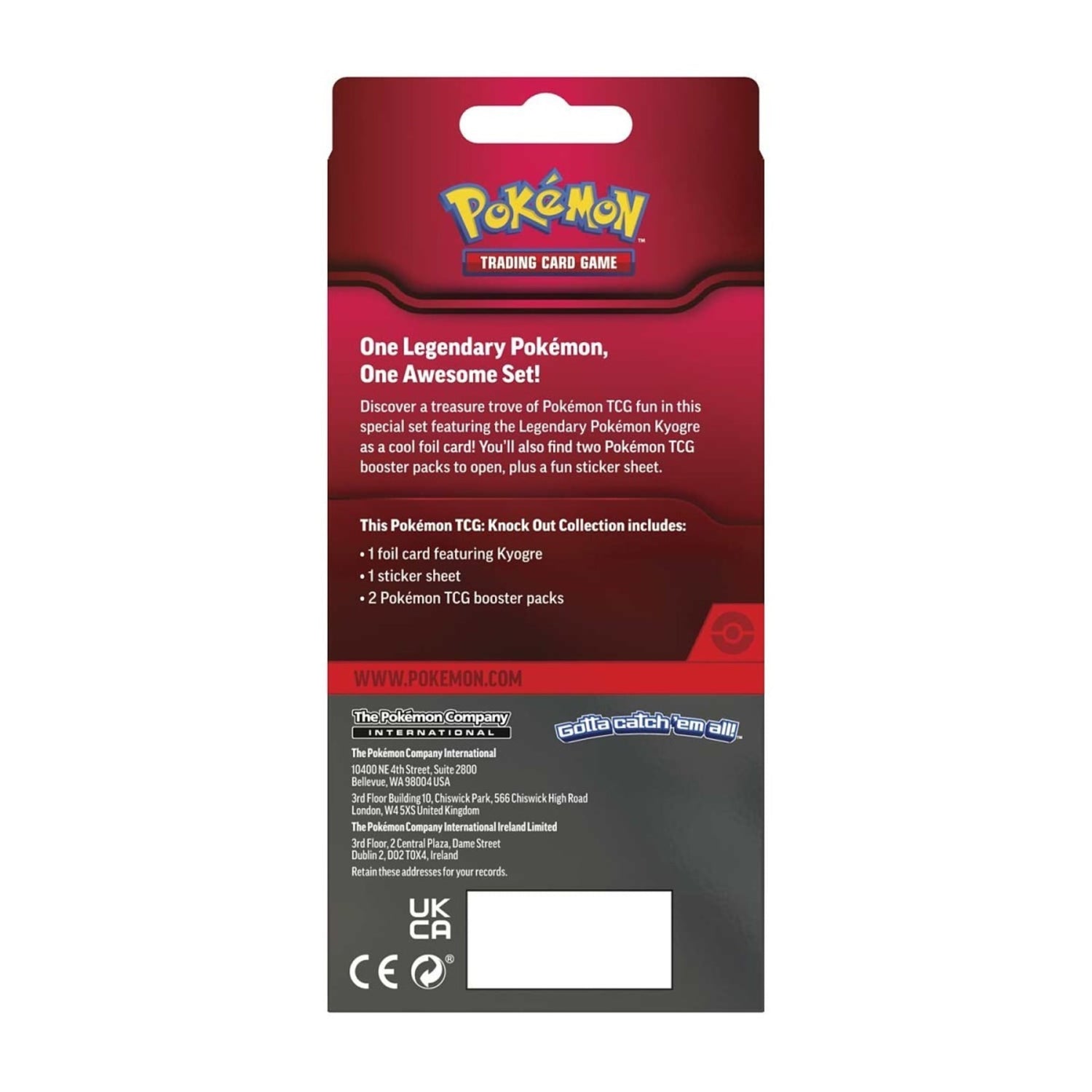 Sealed Pokémon TCG Knock Out Collection packaging showing a foil Kyogre card, sticker sheet and two booster packs