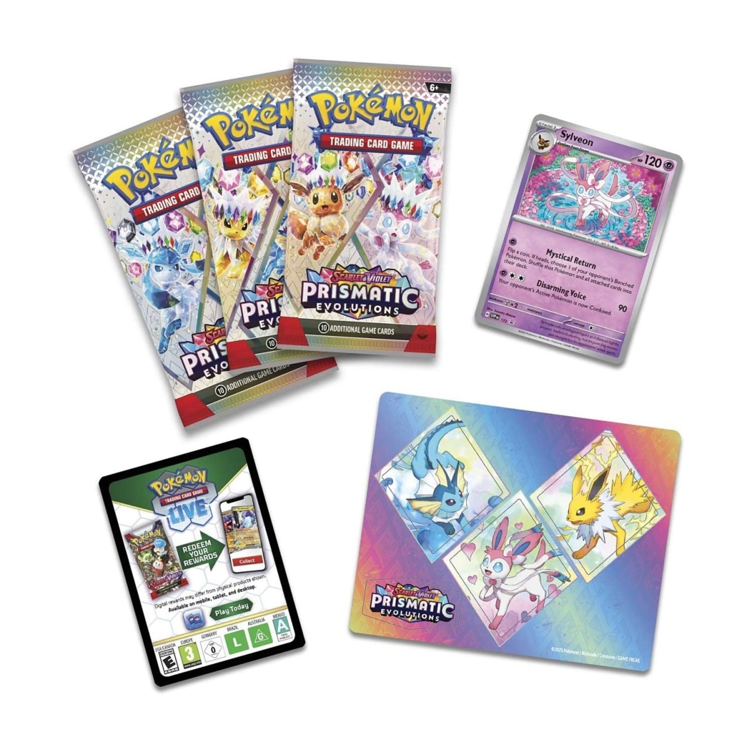 Scarlet & Violet — Prismatic Evolutions Tech Sticker Collection packaging showing Sylveon foil promo, three booster packs, tech sticker sheet, and TCG Live code card.