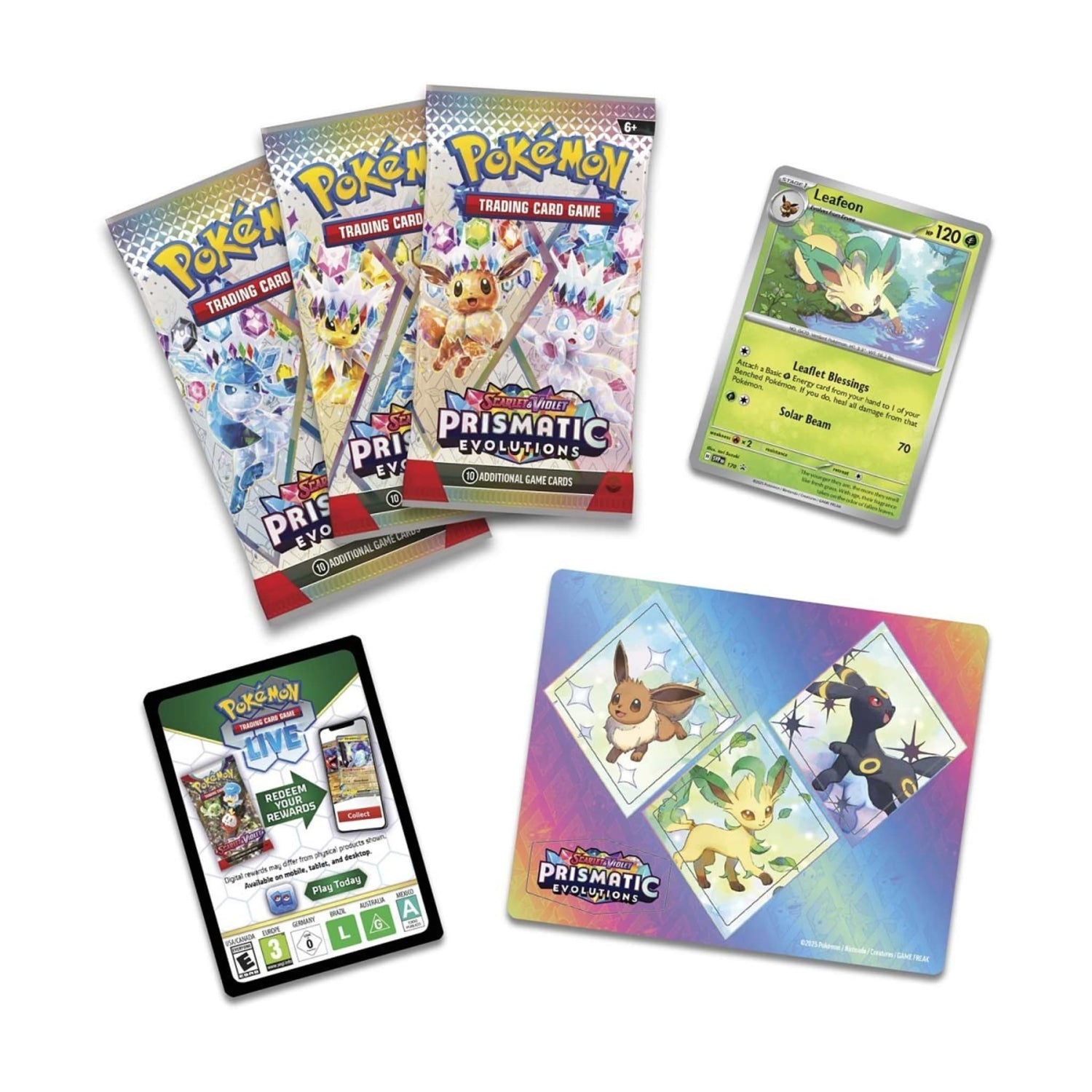 Sealed Pokémon TCG Prismatic Evolutions Tech Sticker Collection blister pack showing Leafeon foil promo, sticker sheet, three booster packs, and TCG Live code card.