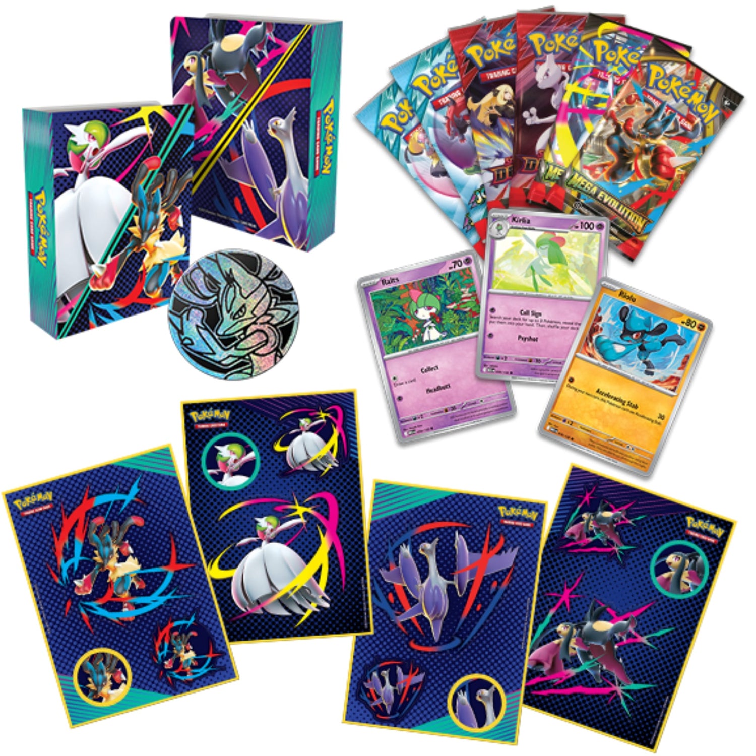 Sealed Pokémon TCG Collector Chest metal tin with colorful Pokémon artwork and displayed contents (booster packs, foil cards, Mega Lucario coin, portfolio, stickers).