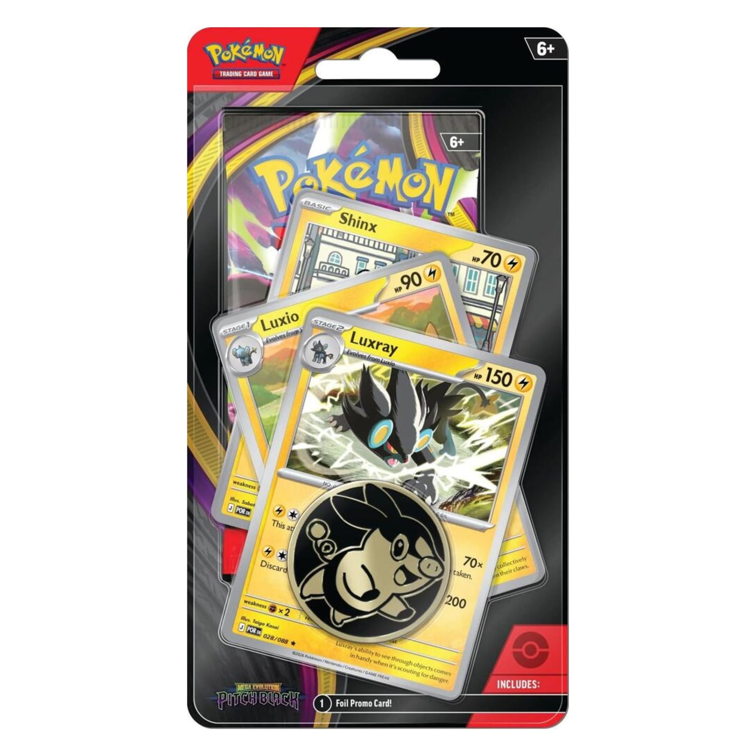 Sealed Pokémon Premium Checklane blister showing Luxray promo card, coin, booster pack and code card from Mega Evolution — Pitch Black.