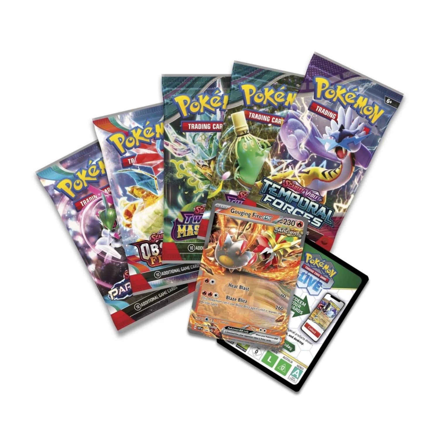 Sealed Pokémon TCG Paradox Destinies tin showing foil Gouging Fire ex promo card, five booster packs and Pokémon TCG Live code card