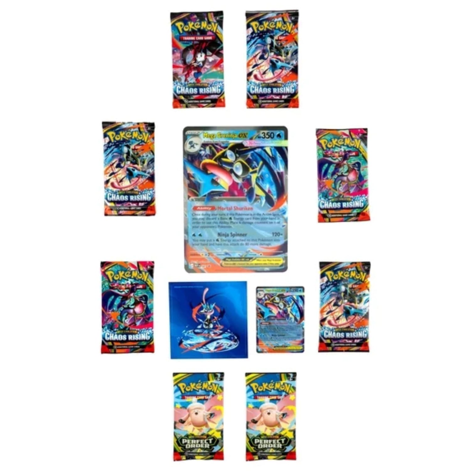 Sealed Mega Greninja ex Premium Collection box showing foil promo card, oversize lenticular card, sticker and booster packs