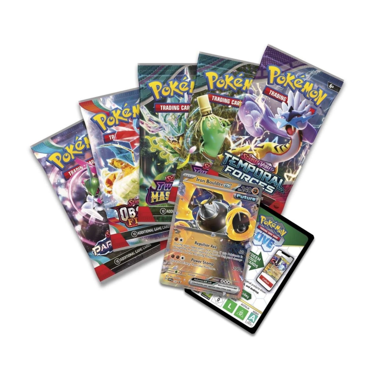 Sealed Pokémon TCG Paradox Destinies tin featuring Iron Boulder ex promo card, five booster packs and a Pokémon TCG Live code card.
